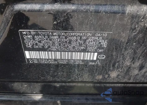 2010 Lexus Es 350 из США, поврежденный, VIN JTHBK1EG5A2394727